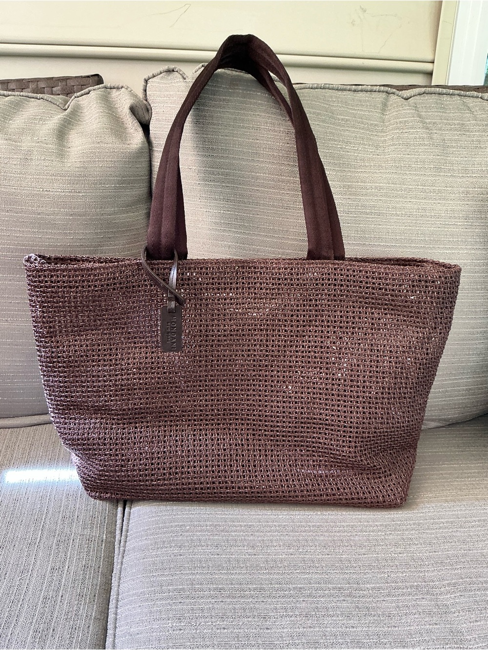Mondani Brown Woven Tote with Fabric Handles